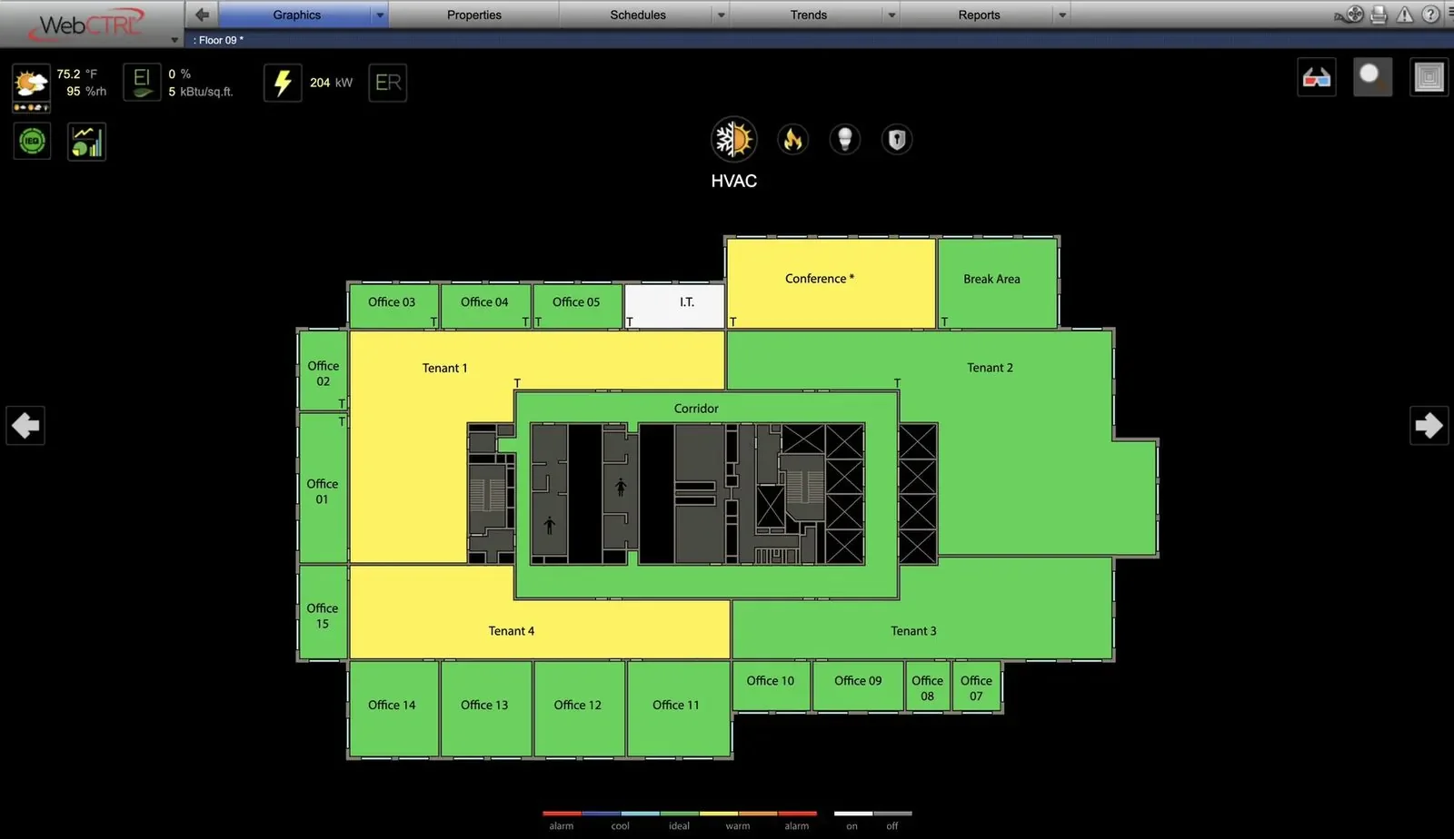 WebCTRL thermographic floor plan showing zone-by-zone conditions